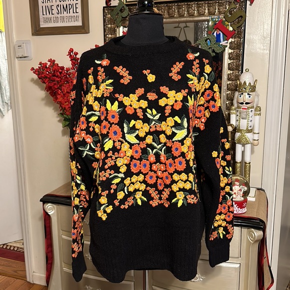 Zara Black Sweater with Colorful Floral Design - Picture 2 of 9